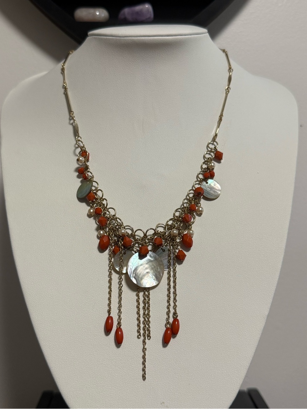 Gold-Tone Necklace with Beads and Mother-of-Pearl Discs